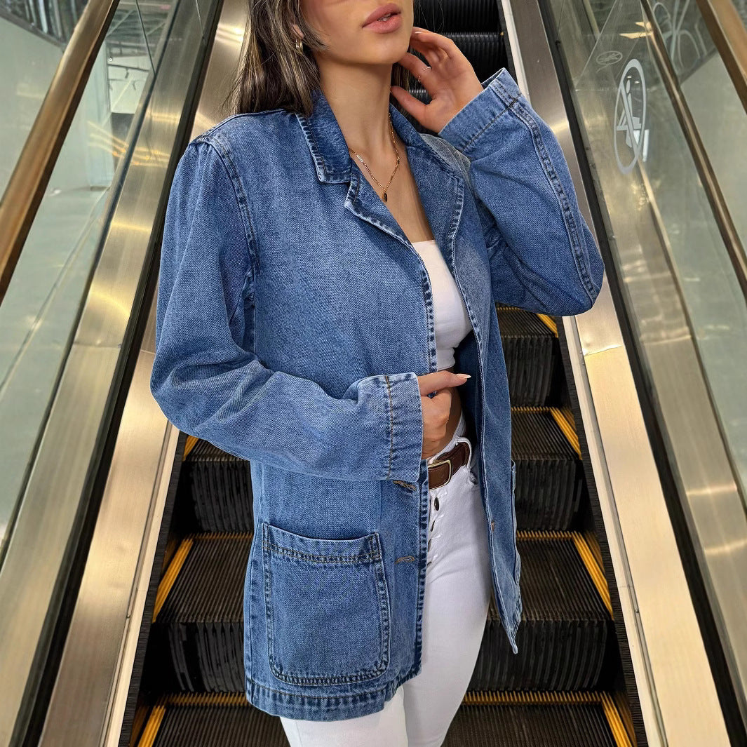 Ladies Longline Denim Jacket with casual oversized cut and patch pockets Amarae