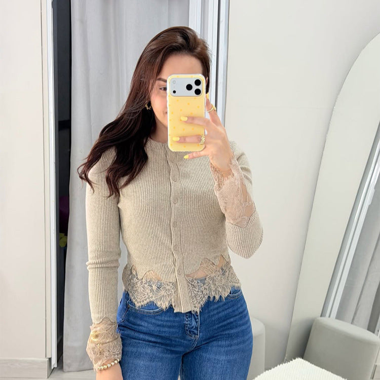 Women's Short Ribbed Knit Cardigan with Crochet Lace Trim & Delicate Button Placket Amarae