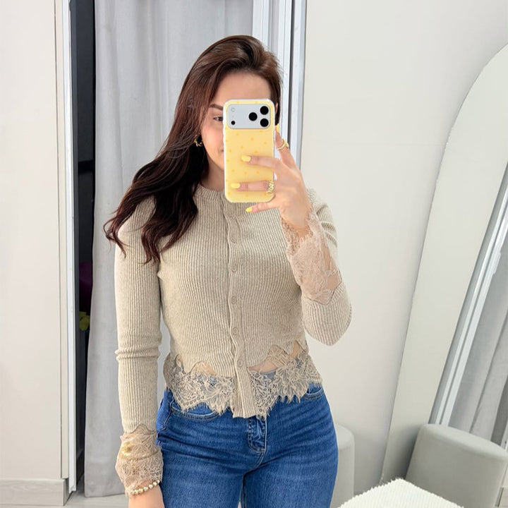 Women's Short Ribbed Knit Cardigan with Crochet Lace Trim & Delicate Button Placket Amarae