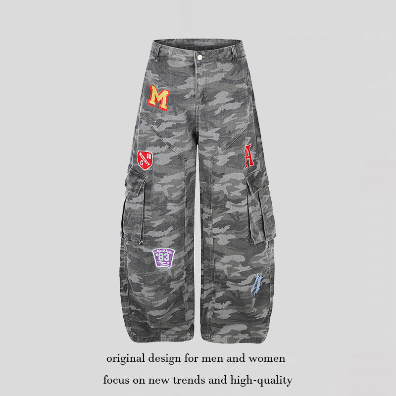 Women's Wide Cargo Pants in Camouflage Look with Applications and Multi-Pockets Amarae