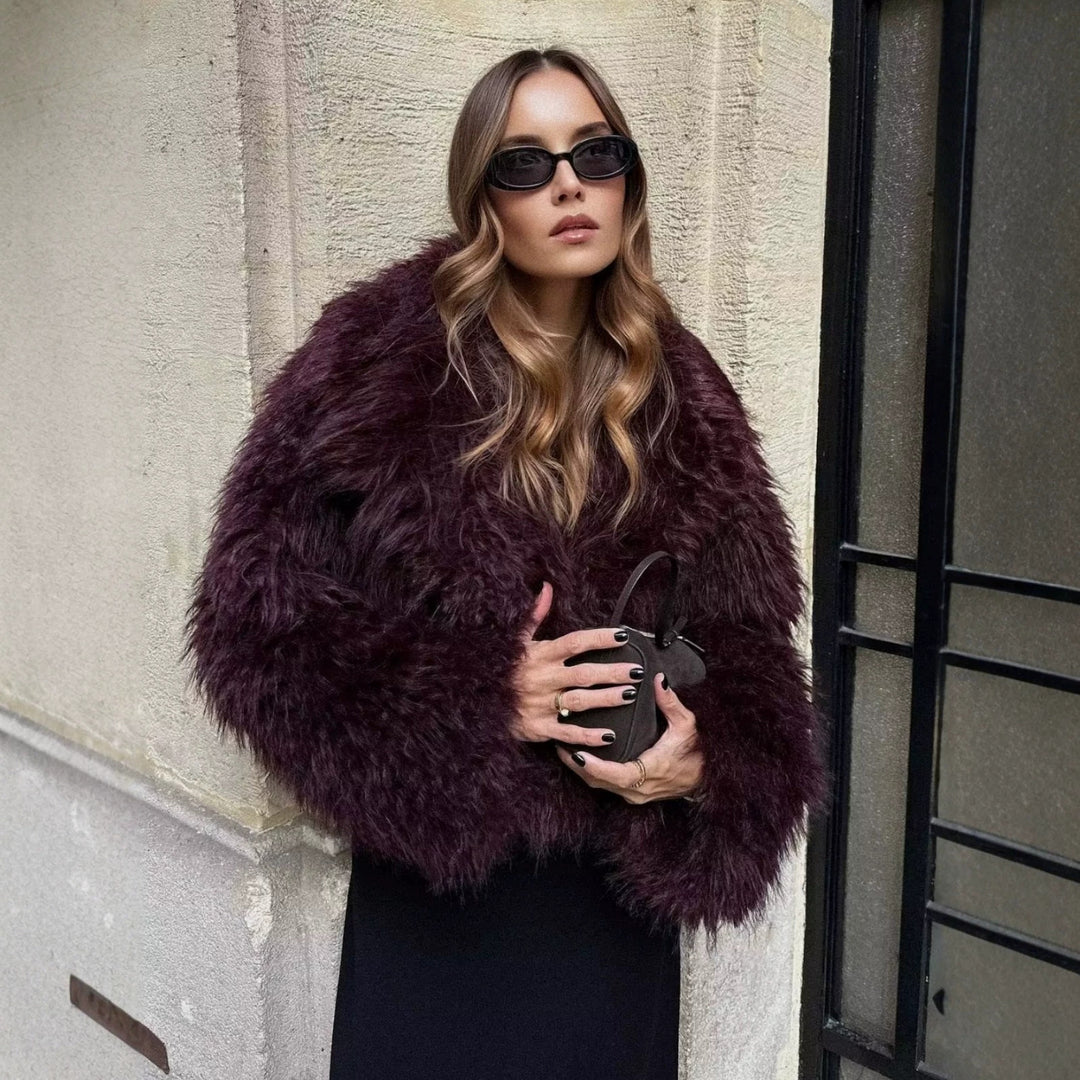 Ladies Short Boxy Plush Jacket in Shaggy Look with Dropped Lapel Amarae