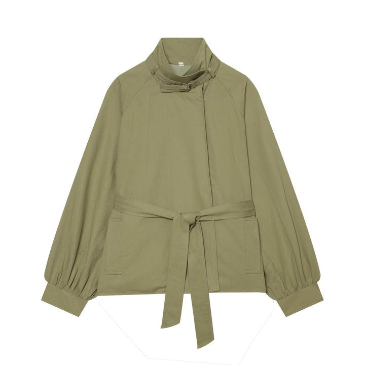 Women's Short Cape Trench Coat with Waist Belt and Funnel Collar Amarae