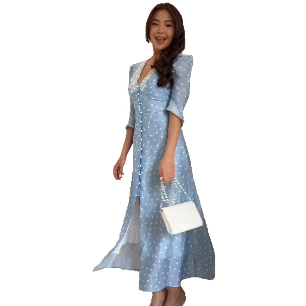 Women's maxi dress with lace V-neck, full button placket and puff sleeves Amarae
