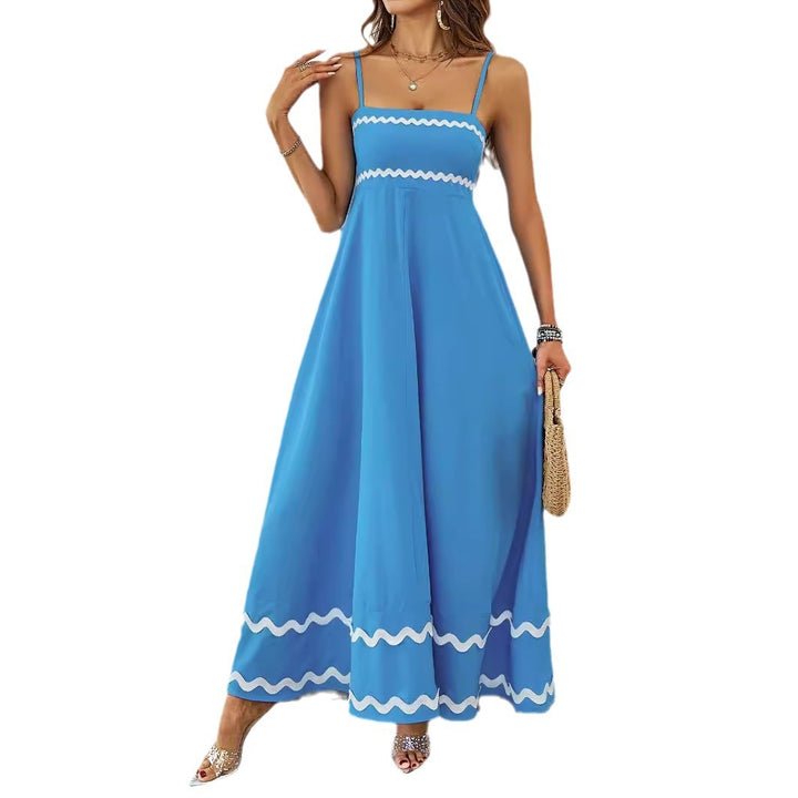 Women Long Maxi Dress with Spaghetti Straps and Decorative Hem Lune London