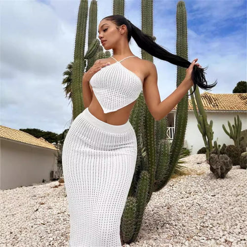 Knit top for women with plunging neckline and elastic midi skirt Amarae