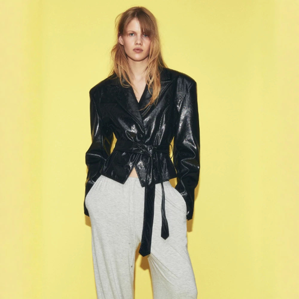 Women’s short blazer in patent leather look with waist belt and flowing lapel Amarae