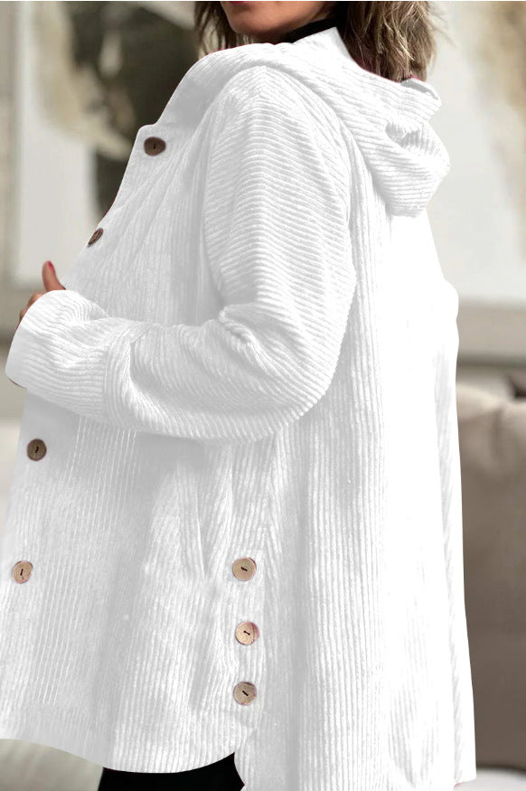 Womens wellness jacket in cord with hood and large buttons Lune London