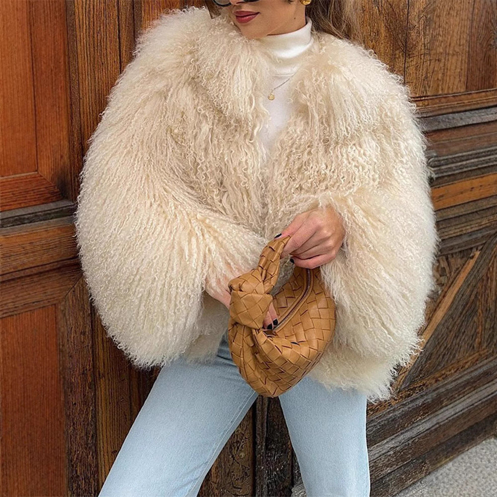 Ladies Elegant Faux Fur Coat with High Collar and Stylish Cut Lune London