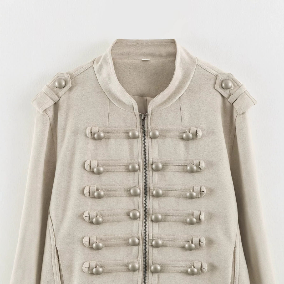 Women Short Military Jacket with Decorative Button Placket and Stand Collar Amarae
