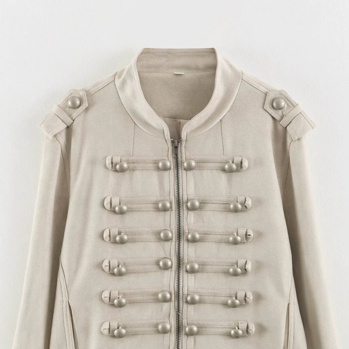 Women Short Military Jacket with Decorative Button Placket and Stand Collar Amarae