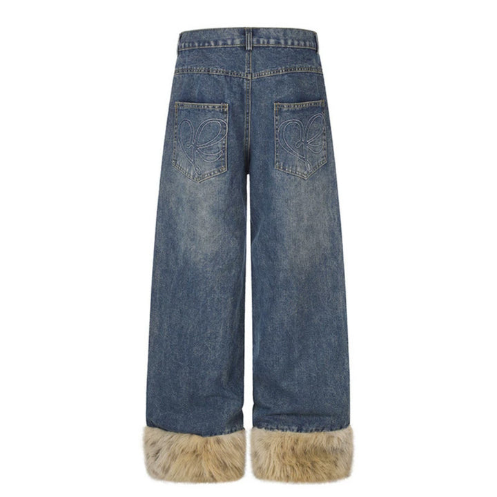 Women's Wide Denim Palazzo Jeans with Fur Cuffs and Studs Amarae