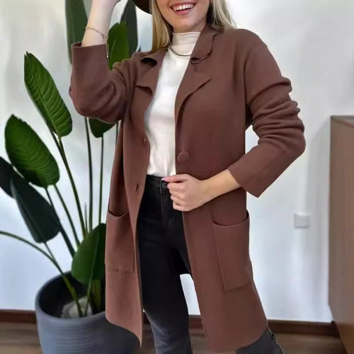 Ladies Elegant Long Coat with Side Pockets and Classic Chic Lapels