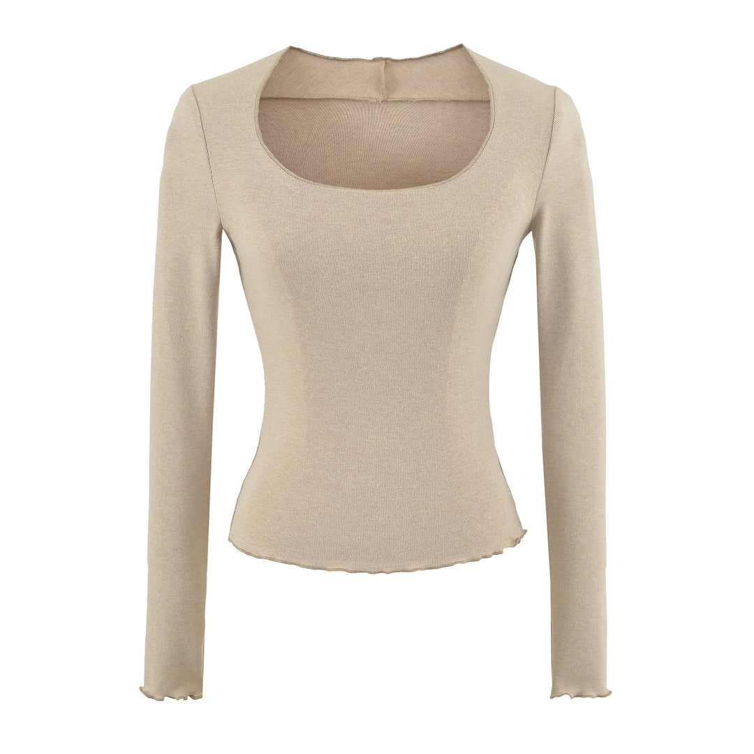 Women Fitted Long Sleeve Fine Knit Top with Square Neckline and Wave Hem Amarae