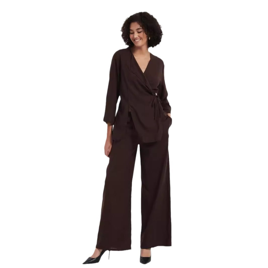 Women's two-piece wrap set made of flowing viscose blend with wide palazzo pants leg Amarae