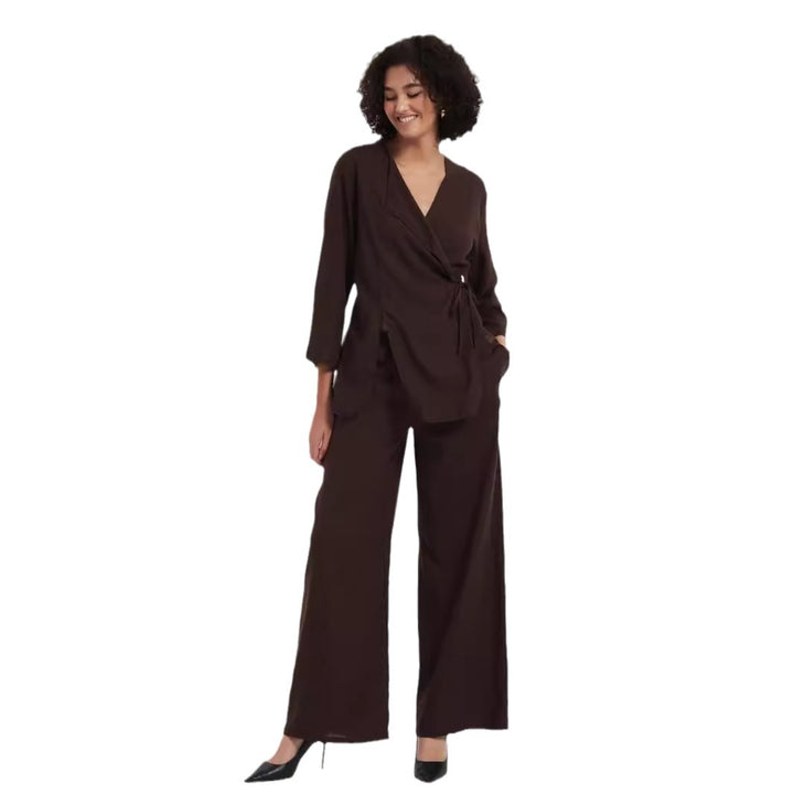 Women's two-piece wrap set made of flowing viscose blend with wide palazzo pants leg Amarae