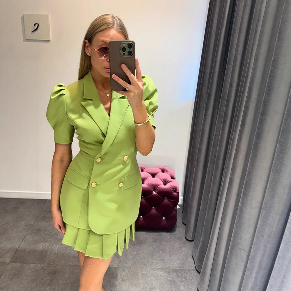 Women Double-Breasted Blazer Dress with Puff Sleeves and Pleated Hem Amarae