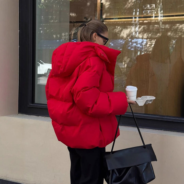 Women Short Cut Quilted Winter Jacket with High Collar Hood and Padded Thermal Lining Amarae