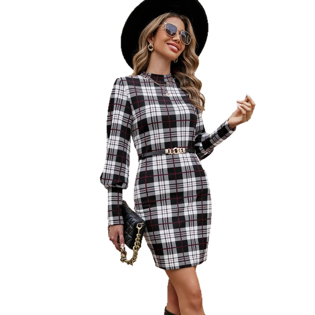 Fitted checked dress for women with long sleeves and waistbelt Lune London