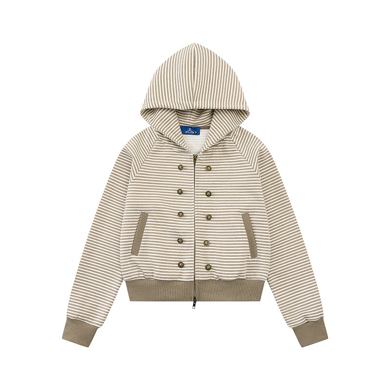 Women's striped hoodie sweatshirt jacket in navy look with double-breasted optics and front zipper Amarae