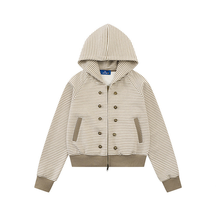 Women's striped hoodie sweatshirt jacket in navy look with double-breasted optics and front zipper Amarae