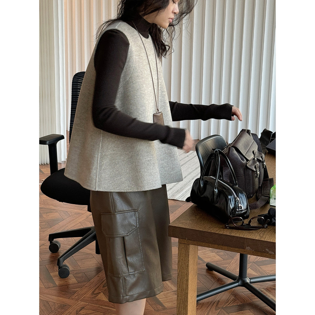Women Boxy Wool Felt Vest with A-Line Cut and Inset Pockets Amarae