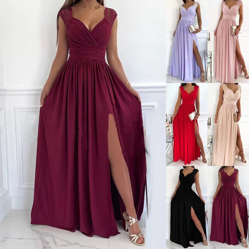 Elegant maxi dress for women with lace sleeves and a side slit Amarae