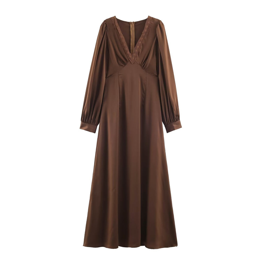 Women Elegant Satin Maxi Dress with V-Neck and Lace Trim Amarae