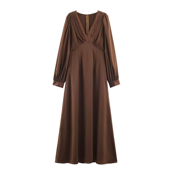 Women Elegant Satin Maxi Dress with V-Neck and Lace Trim Amarae