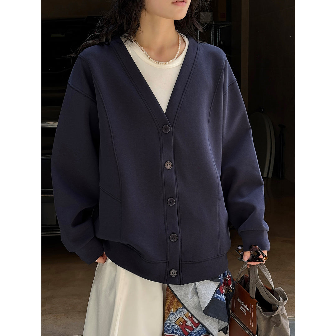 Women's Short-Cut Boxy Cardigan made of French Terry with Deep V-Neck Dress