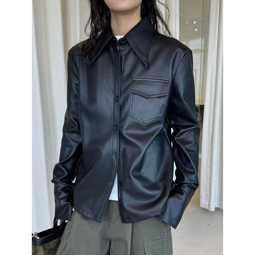 Women's fine structured faux leather shirt jacket with stiff collar and patch pocket Amarae