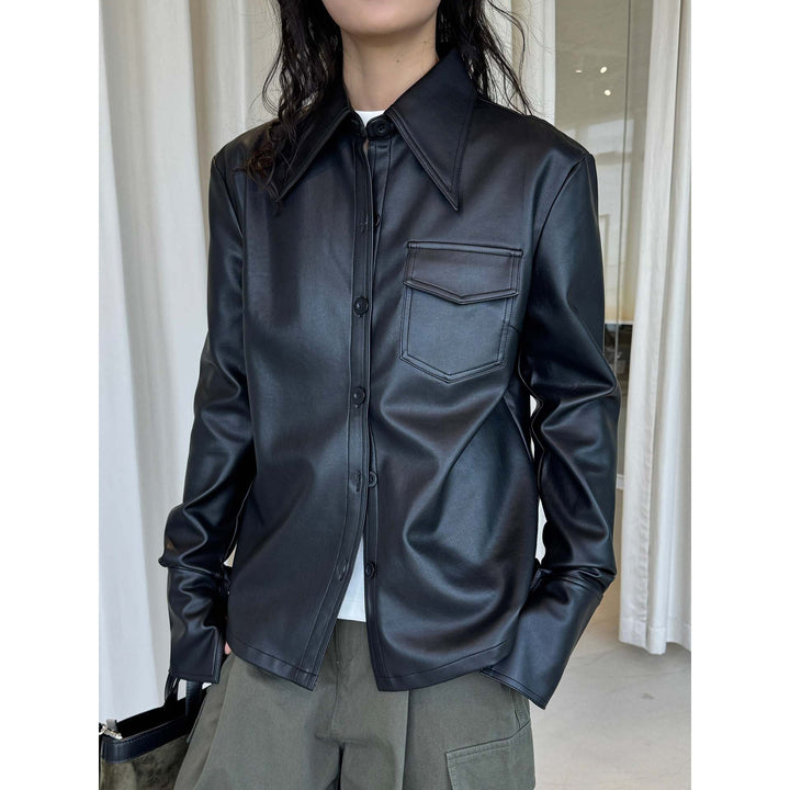 Women's fine structured faux leather shirt jacket with stiff collar and patch pocket Amarae