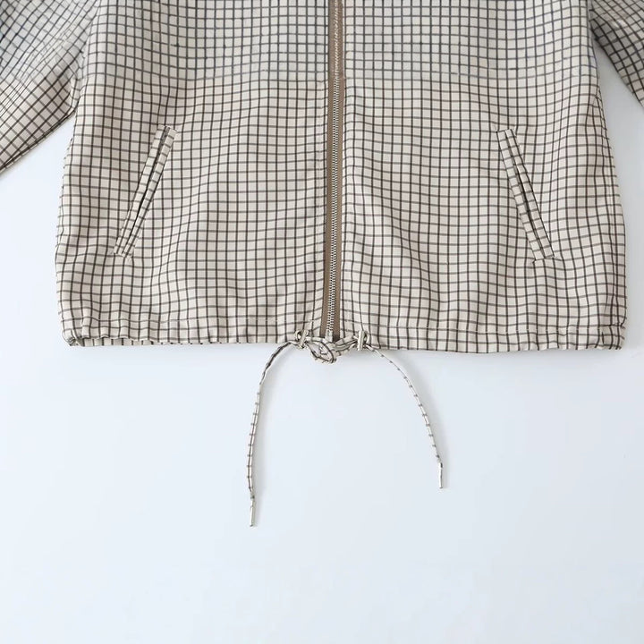 Women Lightweight Hooded Boxy Transitional Jacket with Check Grid Print, Drawstring and Elastic Cuffs Amarae