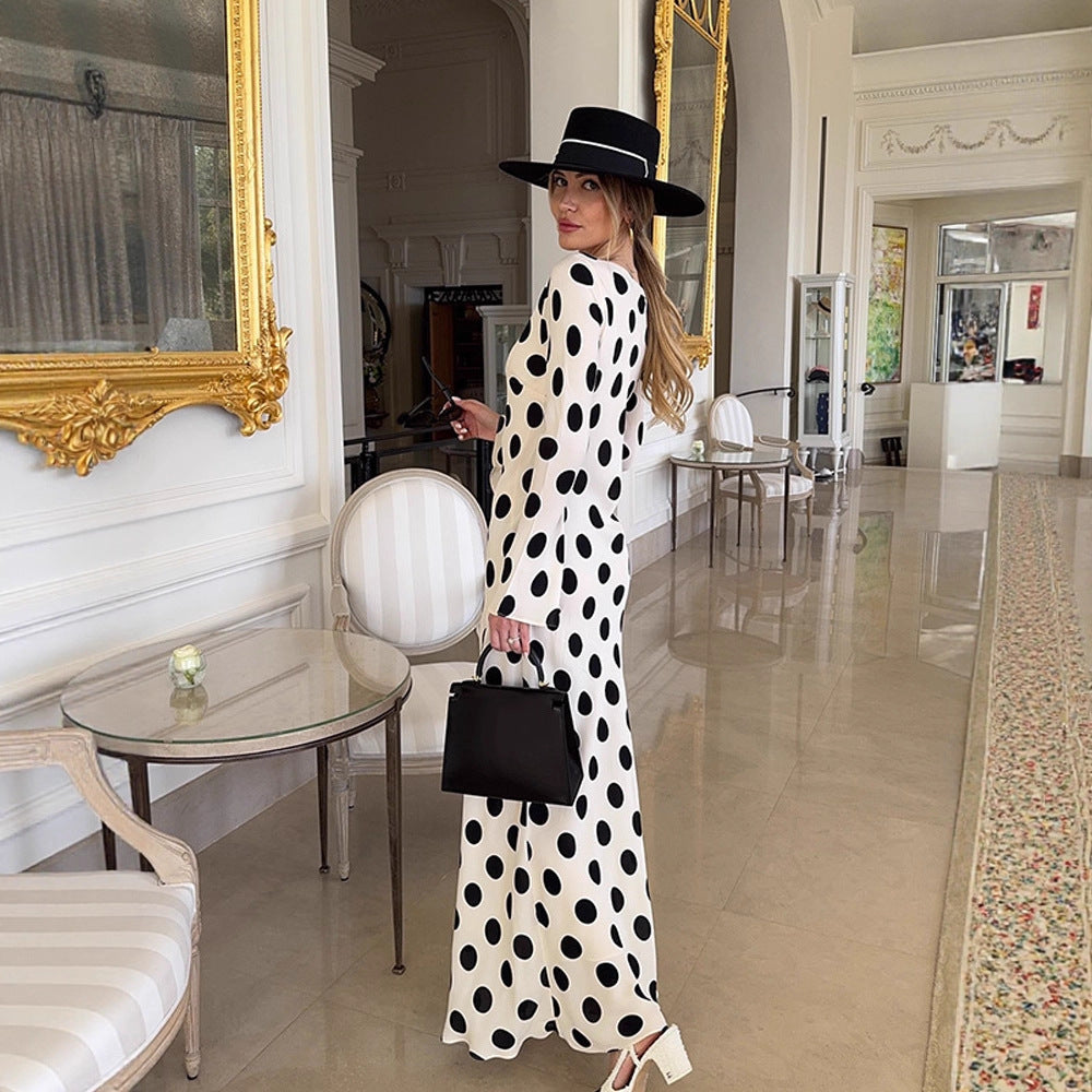 Women's Figure-Hugging Polka Dot Maxi Dress with Trumpet Sleeves & Round Neckline Amarae