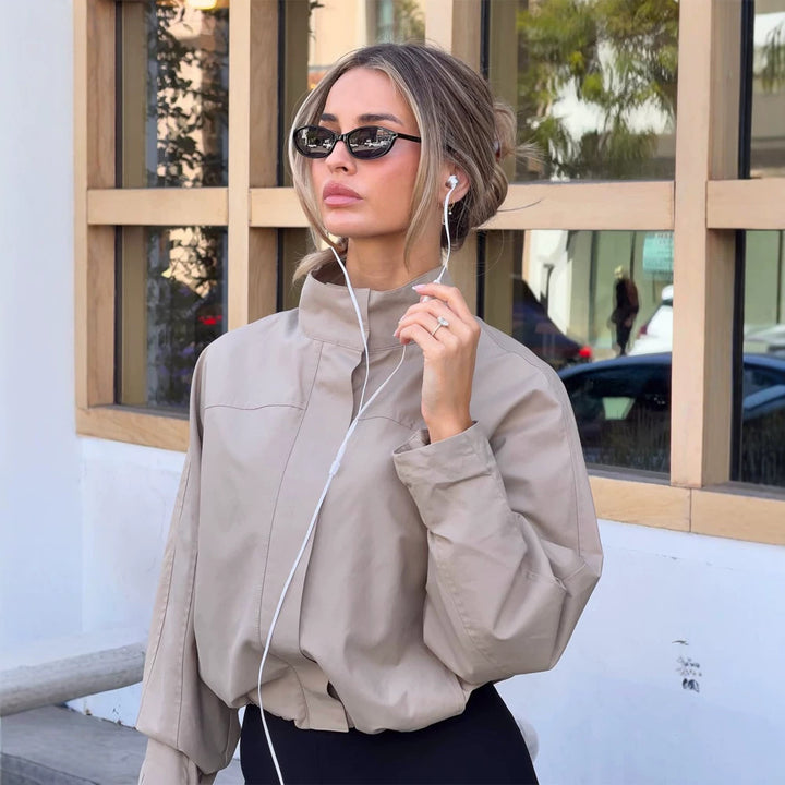 Women's Lightweight Cropped Utility Jacket with Stand-Up Collar, Concealed Button Placket and Elastic Hem Amarae