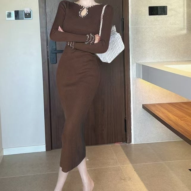 Maxi knit dress for women with keyhole detail and bead embellishments Lune London