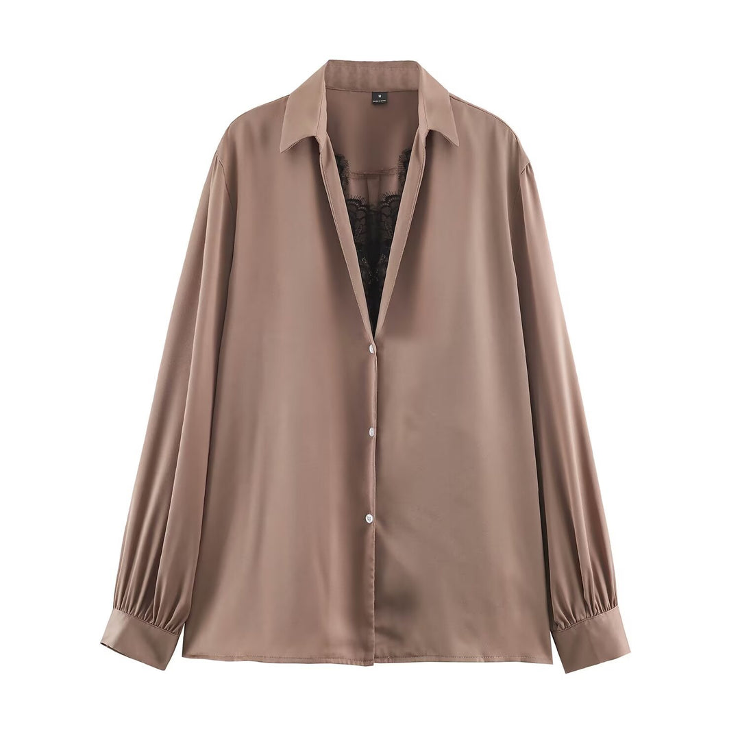 Women's Silky Oversized Blouse with Lace Insert and Shirt Collar Amarae