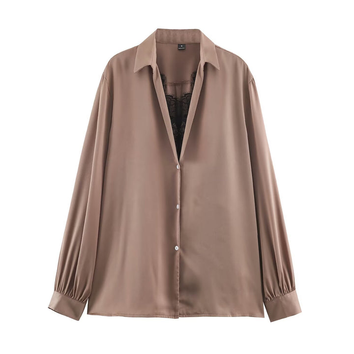 Women's Silky Oversized Blouse with Lace Insert and Shirt Collar Amarae