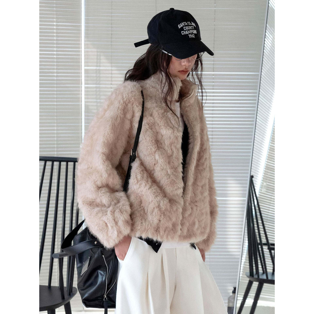 Women's Short Faux Fur Jacket with Stand-up Collar and Zipper Amarae