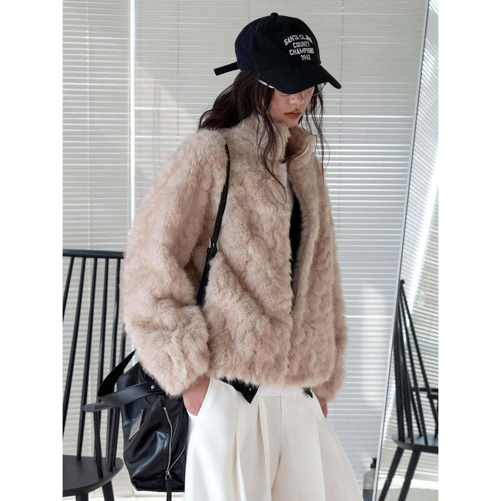 Women's Short Faux Fur Jacket with Stand-up Collar and Zipper Amarae