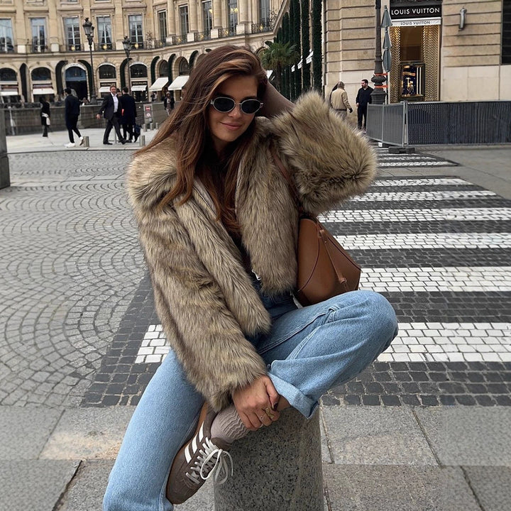 Women's Short Cut Faux-Fur Boxy Coat with Hood and Zip Amarae