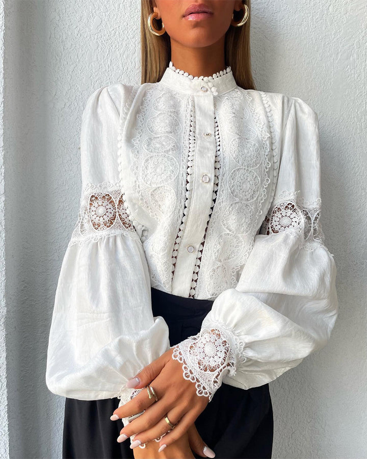 Women's Elegant Lace Blouse in Vintage Style with Stand Collar and Balloon Sleeves Amarae