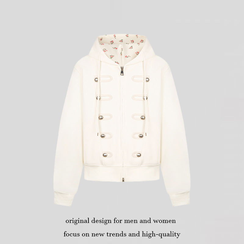 Women's hooded sweat jacket with decorative loops and metal button details Amarae