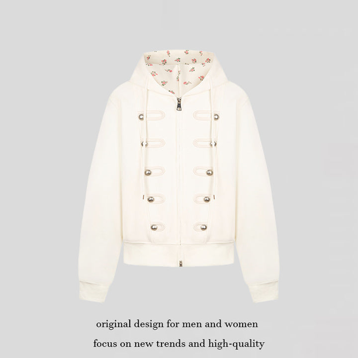 Women's hooded sweat jacket with decorative loops and metal button details Amarae