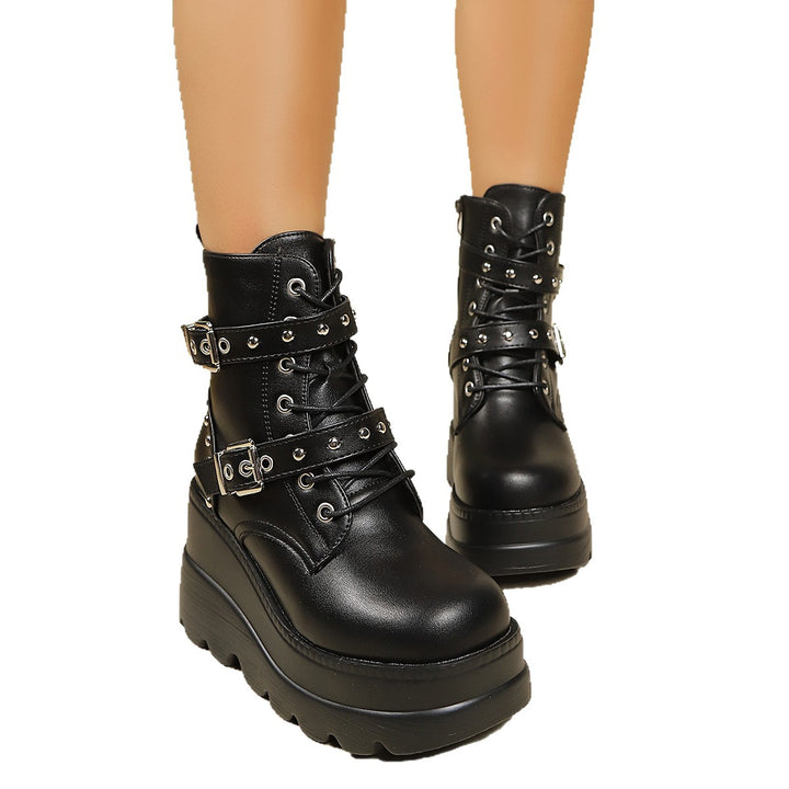 Ladies Padded Platform Biker Ankle Boots with Buckles and Studs Amarae