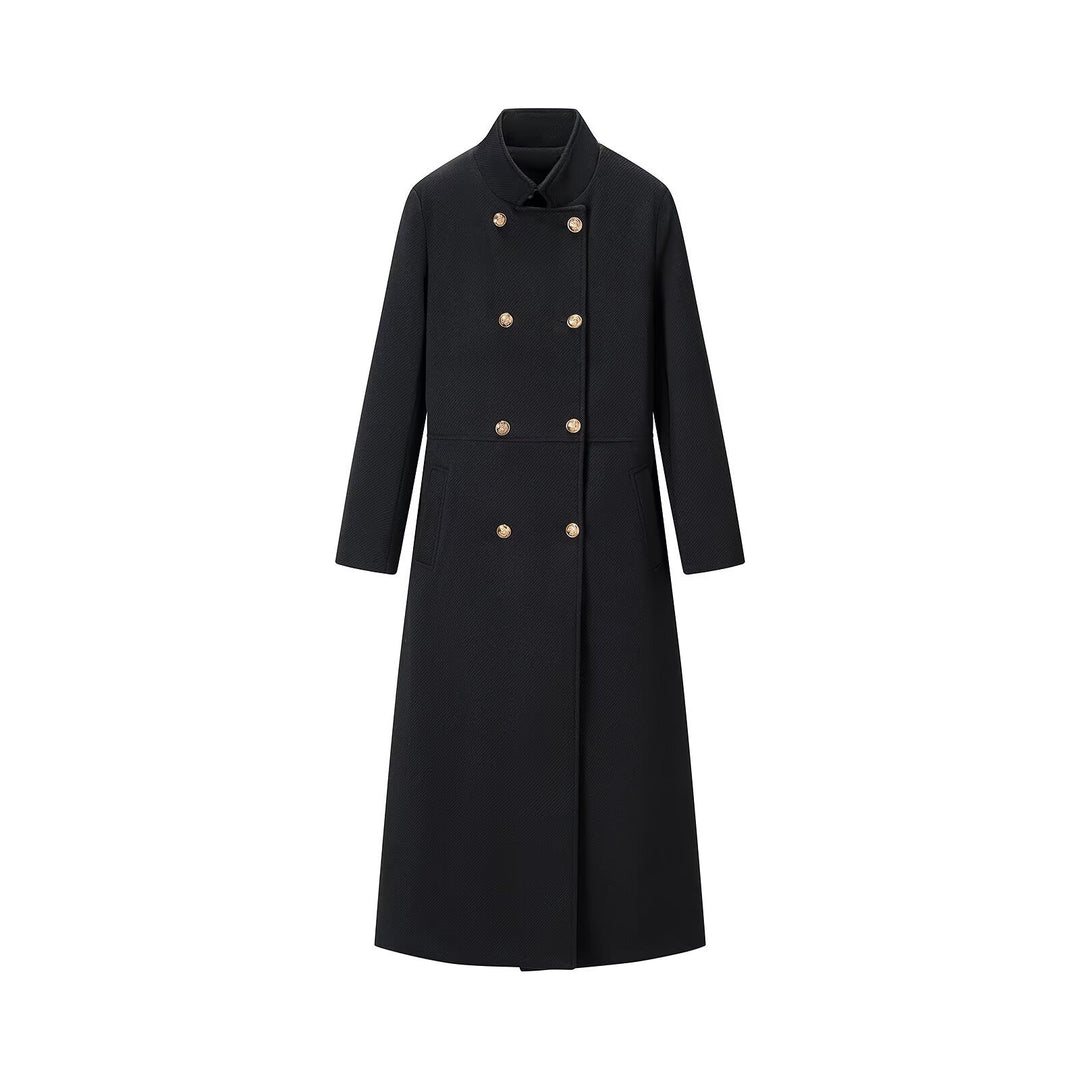 Women long double-breasted wool coat with stand-up collar and golden decorative buttons Amarae