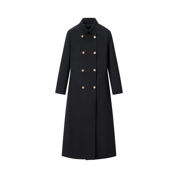 Women long double-breasted wool coat with stand-up collar and golden decorative buttons Amarae