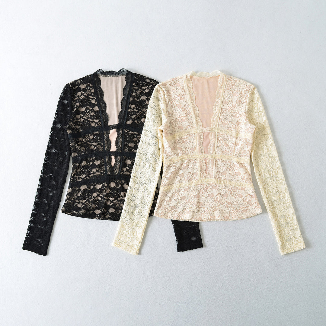 Women's Transparent Lace Blouse with V-Neck, Tailored Inserts and Long Sleeves Amarae