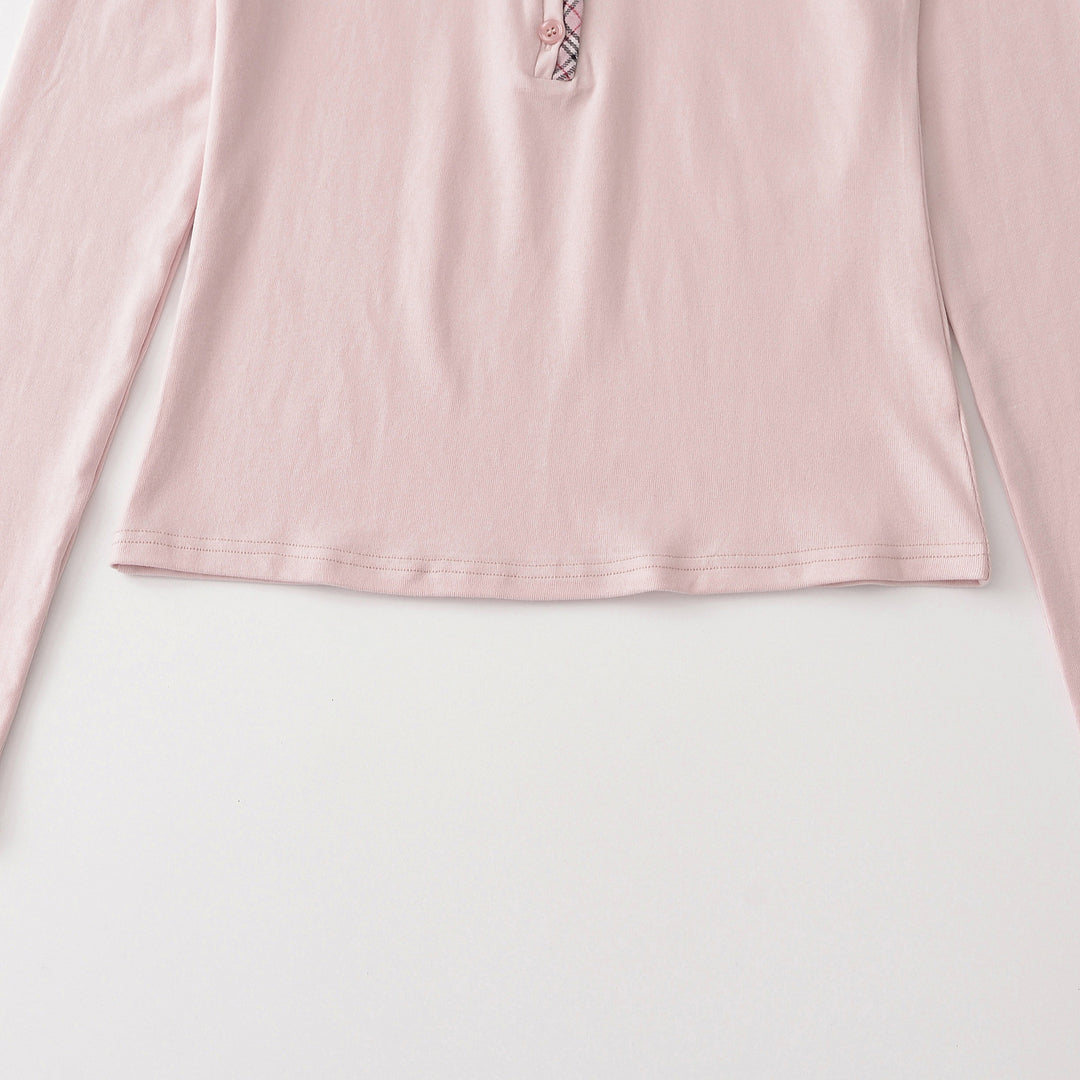 Women's long sleeve shirt with V-neck, button placket and check trim Amarae