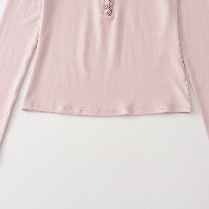 Women's long sleeve shirt with V-neck, button placket and check trim Amarae