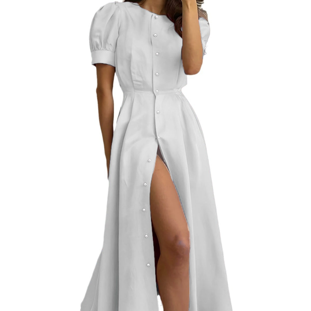 Maxi dress for women with button placket and side slit Lune London
